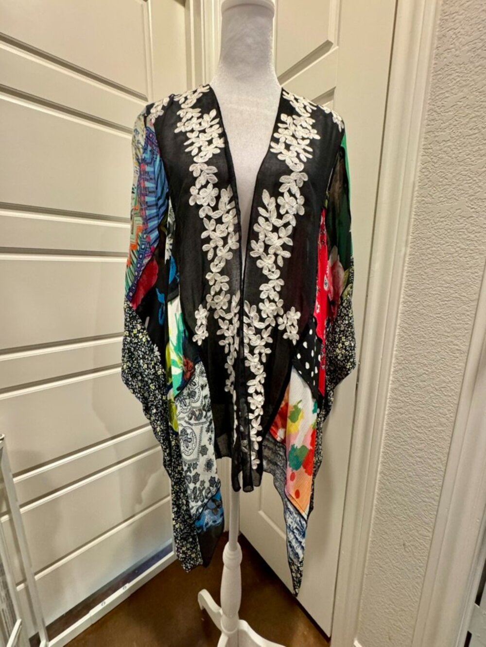 John Mark Kimono Wrap Womens Sm Multicolor New Patchwork Floral Embroidered Boho